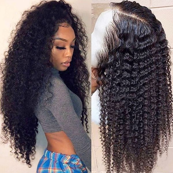 

natural black soft kinky curly 26 inch long synthetic lace front wig for black women with baby hair glueless pre-plucked high temperature, Black;brown