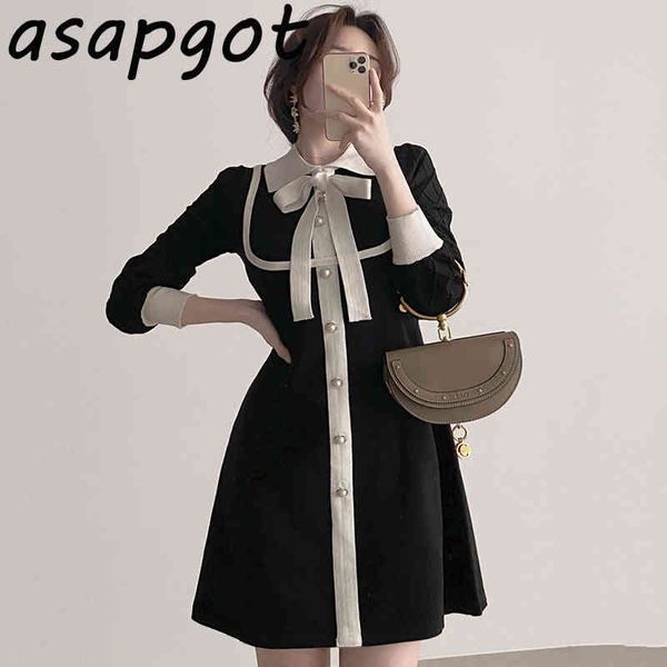 

fashion vintage chic puff long sleeve peter pan collar bow single-breasted knitted dress women mini vestido feminino wild sweet 210429, Black;gray