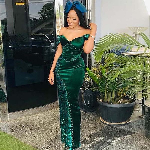 

velvet african mermaid prom dresses with lace appliques off the shouder hunter green party for women aso ebi evening gowns, Black
