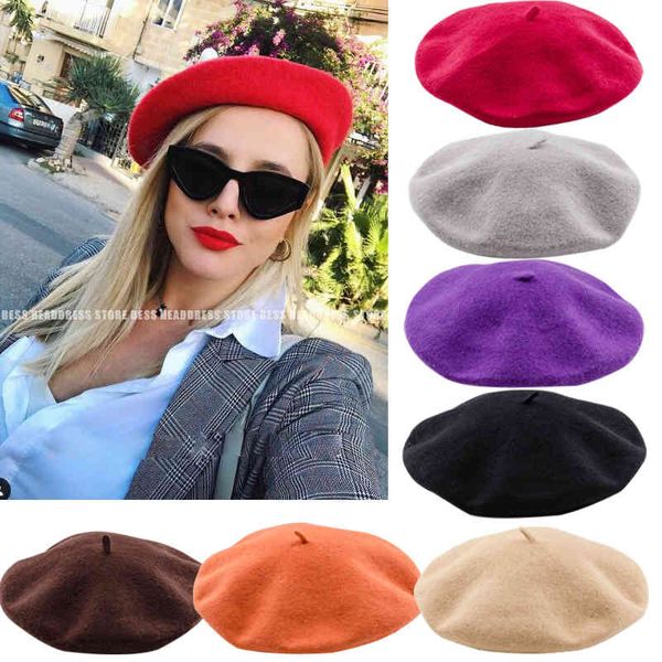 

autumn winter women warm hat vintage plain beret for girls ladies solid color elegant beanie hats & caps, Blue;gray