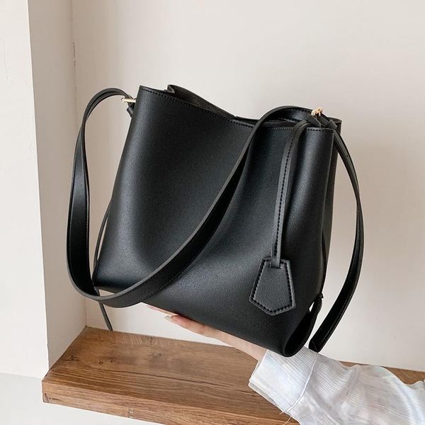 

small pu leather bucket bags for women 2021 winter solid color shoulder handbags female travel lady fashion cross body