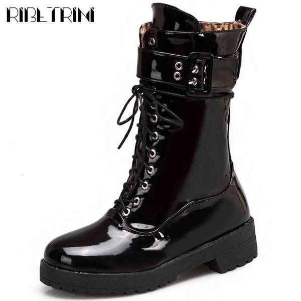 

boots female low heel lace up mid calf shoes round toe buckle motorcycle women design platform boots, Black