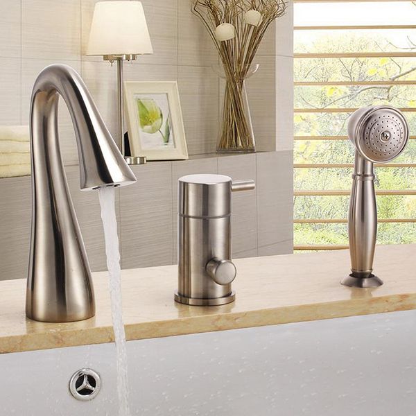 

contemporary nickel brushed three holes single handle waterfall bathtub faucet with hand shower bathroom sets