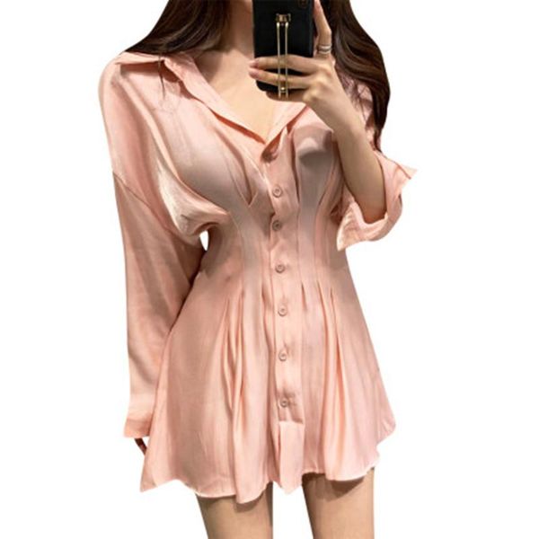 Vestidos casuais yuzacdwx 2021 vestido de camisa Bandagem plissada ver através de mini branco elegante elegante manga longa sexy party spring robe femme