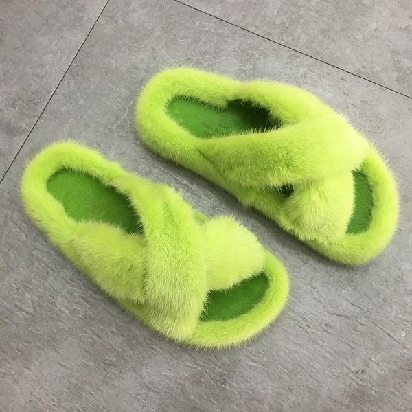 

european station luxury fashion fur slippers mink ladies 100% flat heel, Black