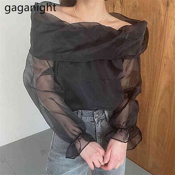 

women mesh sheer blouse see-through transparent blouses slash neck flare sleeve shirt white black female blusas 210601