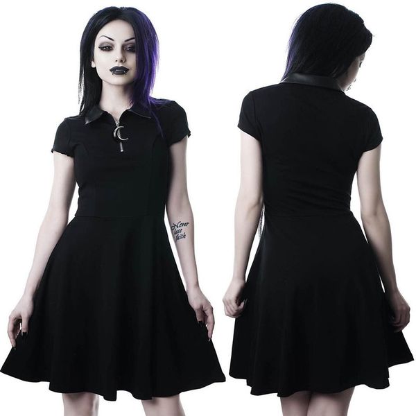

black gothic slim moom leather neckline frill short summer women's vitage dress, Black;gray