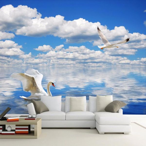 

wallpapers drop custom 3d po wallpaper hd swan seagull blue sky and white clouds sea mural papel de parede
