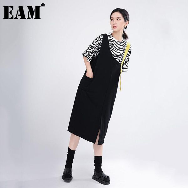 

[eam] women irregular contrast color black midi dress asymmetrical sleeveless loose fit fashion spring autumn 2021 1dd5149 casual dresses, Black;gray