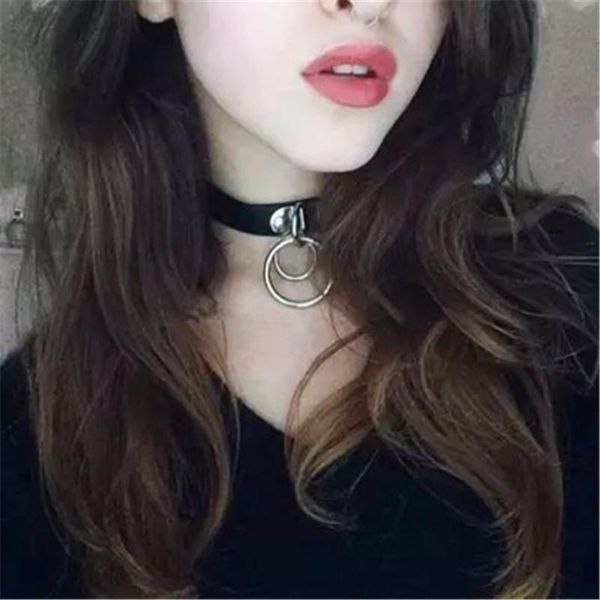 

pendant necklaces 1pc women classic handmade gothic punk rock dark harajuku double o circle leather chain collar choker necklace jewelry, Silver