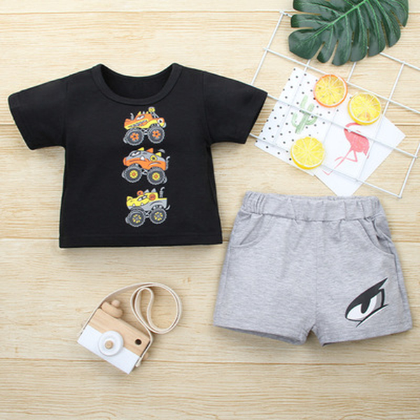 

2022 summer boy child baby short-sleeved t-shirt suit printed cool cotton comfortable and popular fashion, White