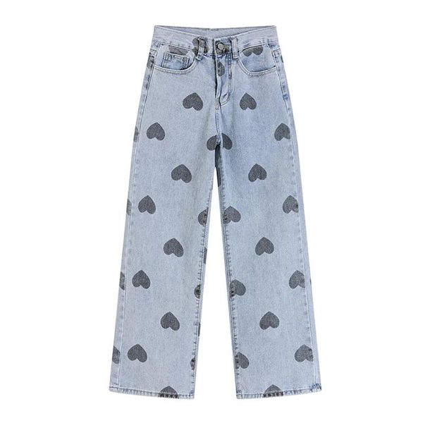

women's jeans high waist women baggy 2021 autumn streetwear wide leg pants heart printed denim long trouser fashion cute girlish style, Blue