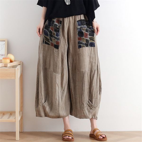 

johnature women retro wide leg pants patchwork cotton linen trouser elastic waist loose autumn clothes female pants 210521, Black;white