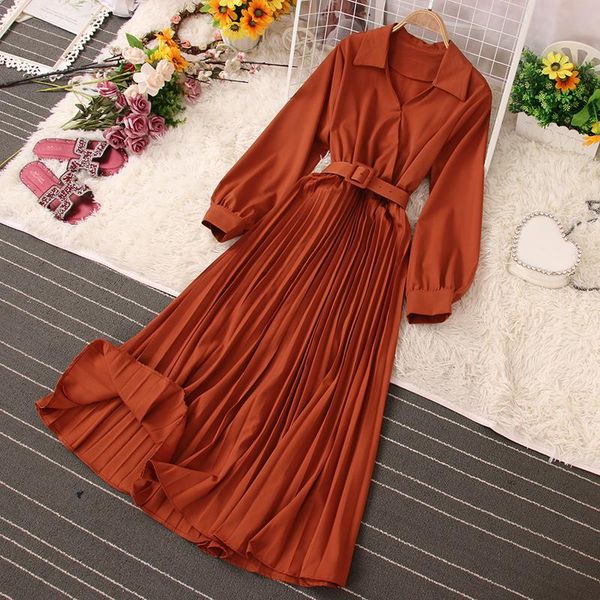 

casual dresses fitaylor spring autumn women v-neck dress with belt office lady solid color high waist a-line long pleated, Black;gray