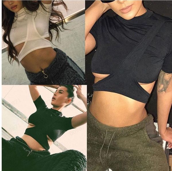 

women's t-shirt short-sleeved shirt fashion round neck solid color hollow slim fit exposed navel casual irregular, White