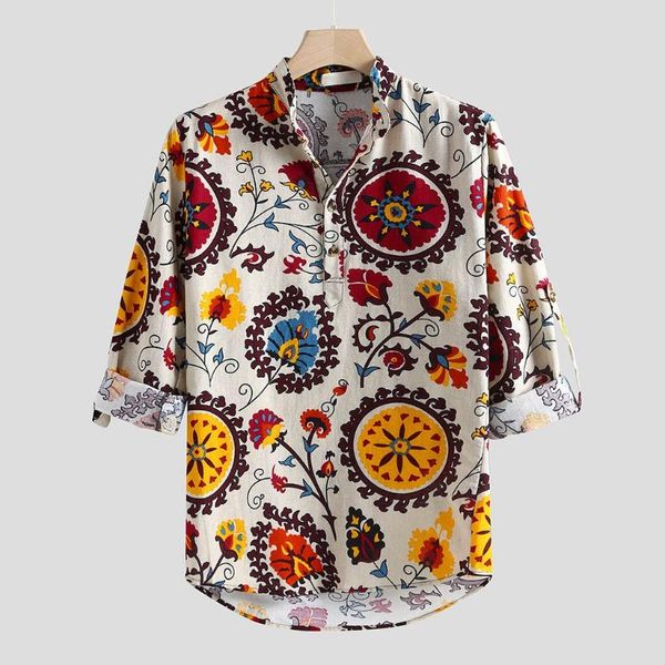 

men's casual shirts men retro ethnic style long sleeve 2021 baggy slim cotton linen mens pullover blouse, White;black