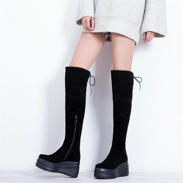

boots winter thigh high sneakers women genuine leather wedges heel over the knee female chunky platform pumps shoes yynp, Black