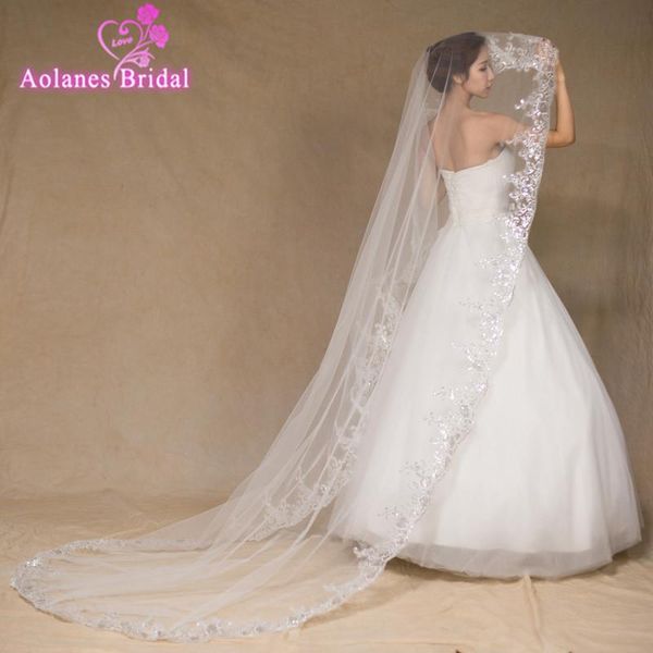 

bridal veils one layer long 3 meters wedding veil with lace appliques and sequins bride voile mariage accessories 2021, Black