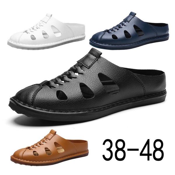

sandals 2021 summer men beach comfortable fashion slippers hollow out leather outdoor male casual sneakers, Black