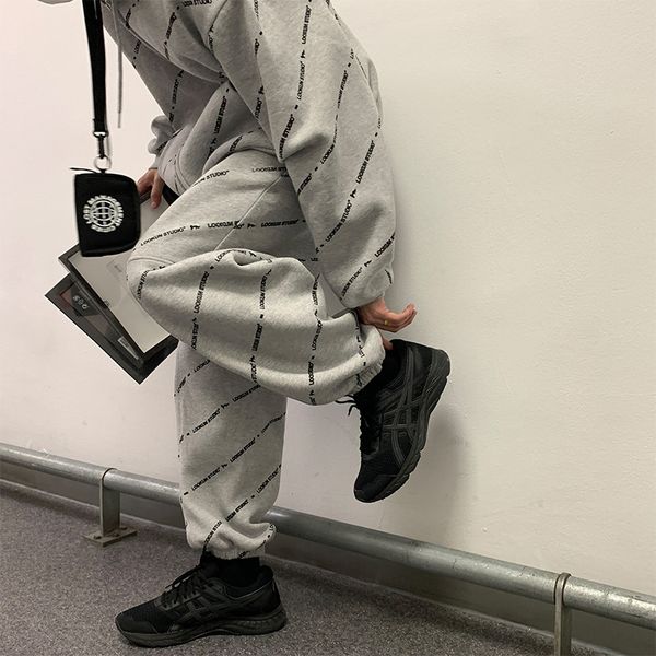 

pants fashionable the plush guard men's hip hop sports letter printed casual personalized autumn and winter thickened toe band, Black