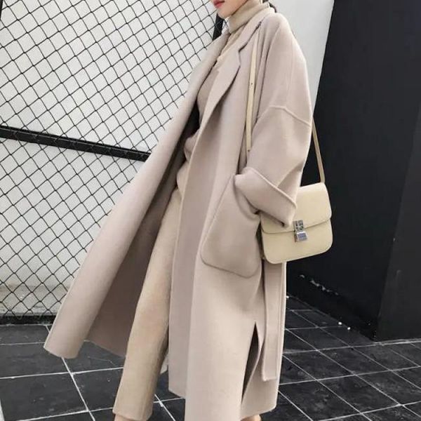 

women's wool & blends elegant winter wool blend korean-style women long black jackets minimalist vintage mostly large p8l0