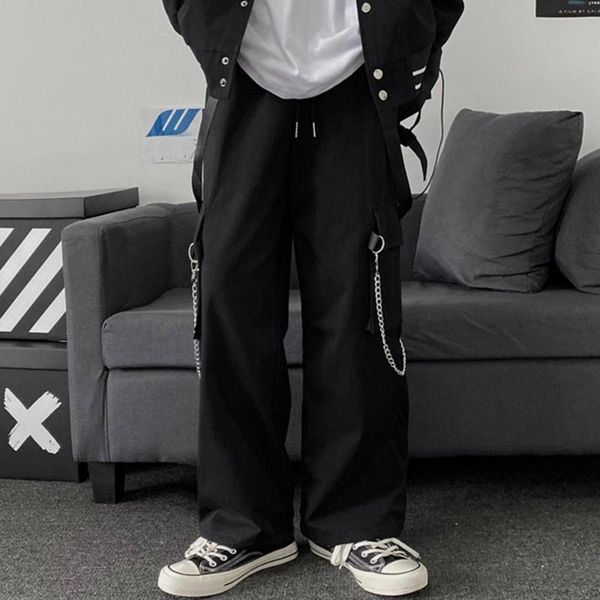 

gothic punk black wide cargo pants women big pocket chain design solid casual harajuku joggers women's loose streetwear & capris, Black;white