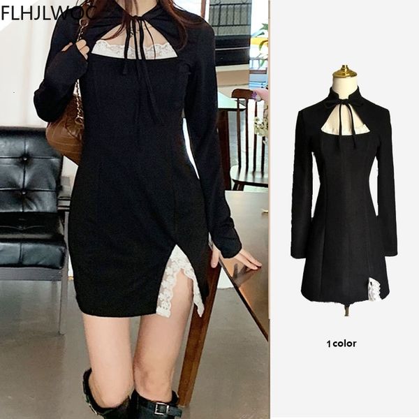 

casual dresses fenimine vestidos women fashion long sleeve party club night split white lace slim fit pencil little black min, Black;gray