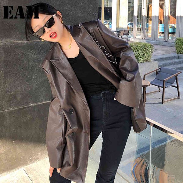 

[eam] women brown vintage pu leather big size blazer lapel long sleeve jacket fashion spring autumn 1dd6448 21512, White;black