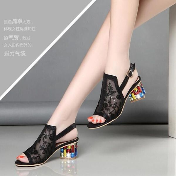 

women's summer the sandals shoes 2021 fashion mesh embroidered solid outer wear shallow crystal square heel slides dress, Black