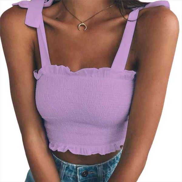 

crop summer women sleeveless slim ruffled bandage vest solid color tank crop women cool summer beach, White