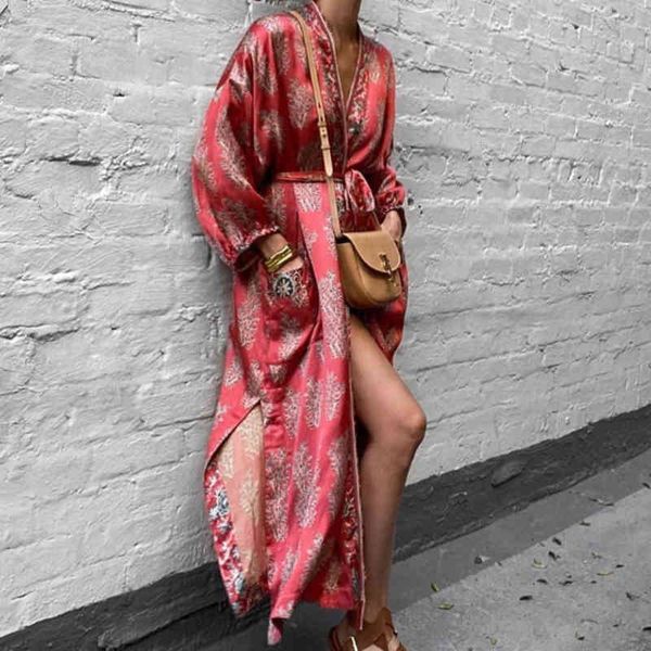 

floral loose boho maxi dress belt long sleeve v-neck women dresses side split beach party beach kimono dress, Black;gray