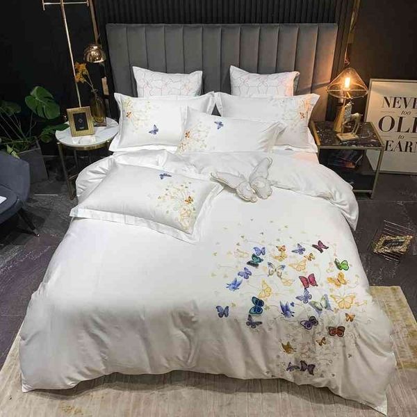 

chic embroidery butterfly floral white blue 100%egyptian cotton soft bedding set bed sheet pillowcases  king