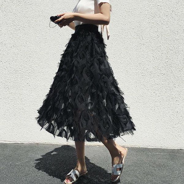 

skirts fashion women feather tassel skirt petticoat tulle high waist long layered ladies girl a-line, Black