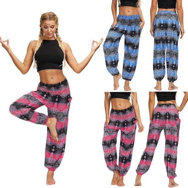 

women casual wide leg trousers print gym elastic waist bloomers long pants vintage beach baggy leggings sport women's, Black