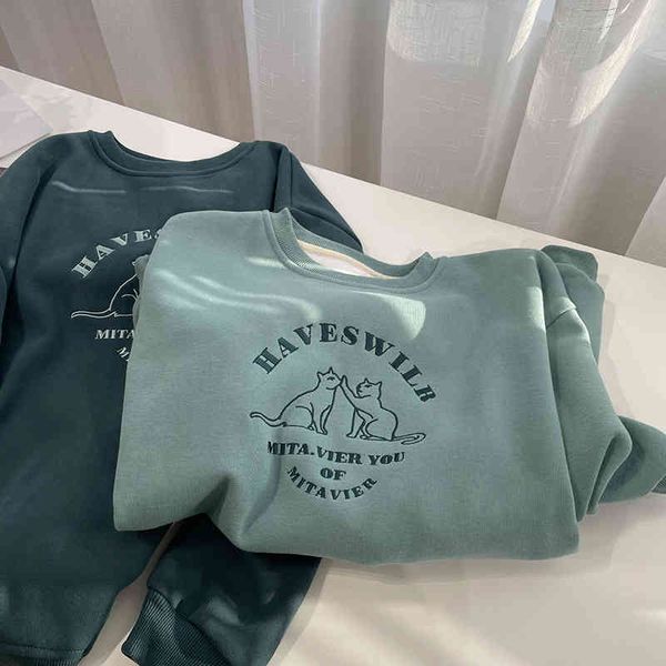 

hoodies white round neck plush sweater cat letter embroidery autumn and winter loose thin thickened casual student female, Black