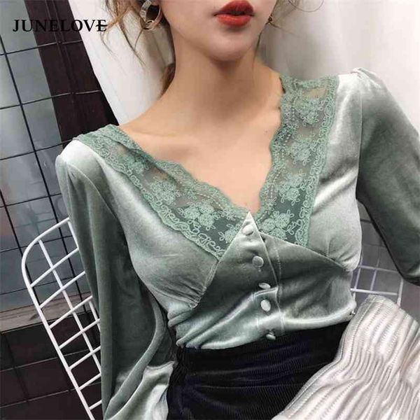 

junelove elegant women long sleeve velvet blouse spring autumn lady v-neck lace female solid vintage backless botton shirts 210401, White