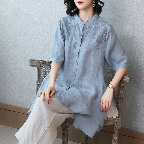 

women's blouses & shirts plus size long women summer casual 2021 korean style vintage embroidery cotton linen woman p1102, White