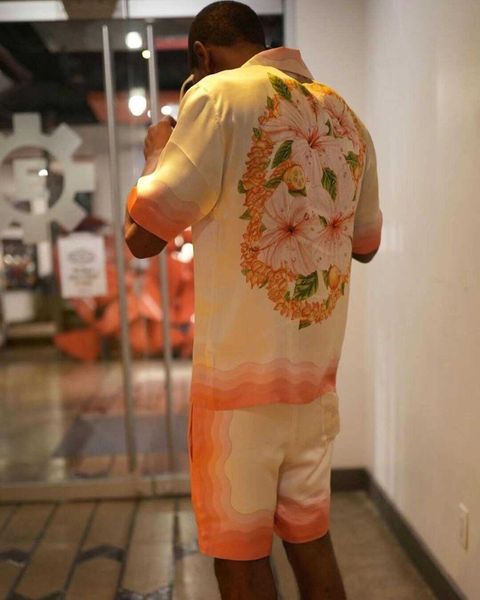 

casablanca men's casual shirts 2021 new hawaiian satin flower gradient pink color short sleeve silk shirt men, White;black