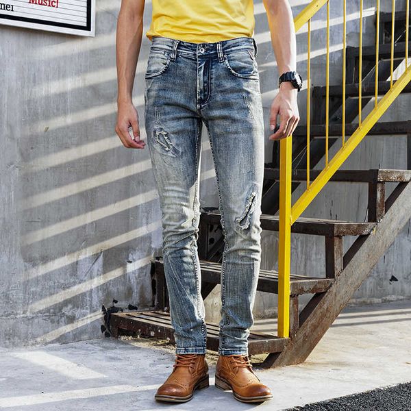 

men's jeans fashion streetwear men retro gray blue slim fit ripped patchwork designer elastic hip hop pants hombre k4