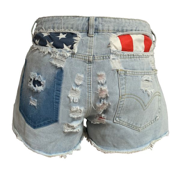 

2021 outdoor shorts spring and summer heavy craft frayed plus-size flag print independence day ripped jeans ladies, Brown;gray