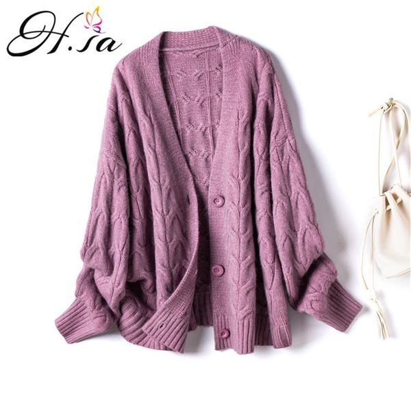 

h.sa women winter v neck long cardigans oversized sweater jacket korean style twisted knit coat 210417, White;black