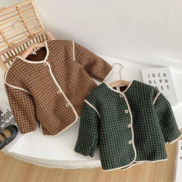 

jackets baby girl winter jacket korean kids plus velvet plaid toddler coat long sleeve casual fashion cardigan children clothes, Blue;gray