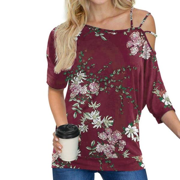 Camicette da donna Camicie Scollo inclinato Donna Monospalla Camicetta stampata floreale Donna Mezza manica Estate Top Donna Elegante Blusas 2021