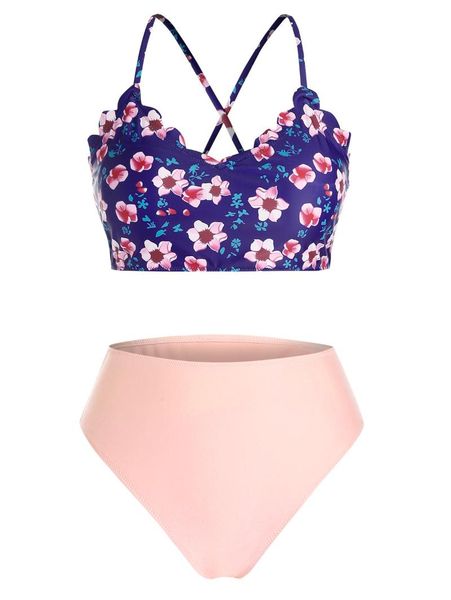 

one-piece suits plus size floral print tie back high waist tankini swimwear