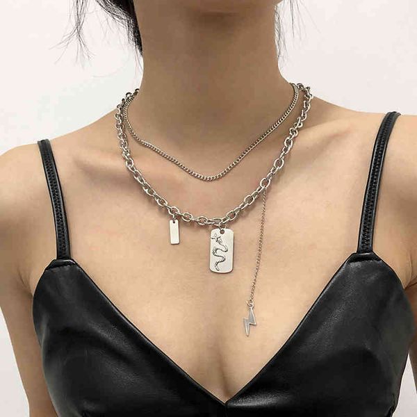 

square snake pendant multi-layer necklace collarbone link chain alloy punk hip-hop choker fashion party jewelry accessories, Silver