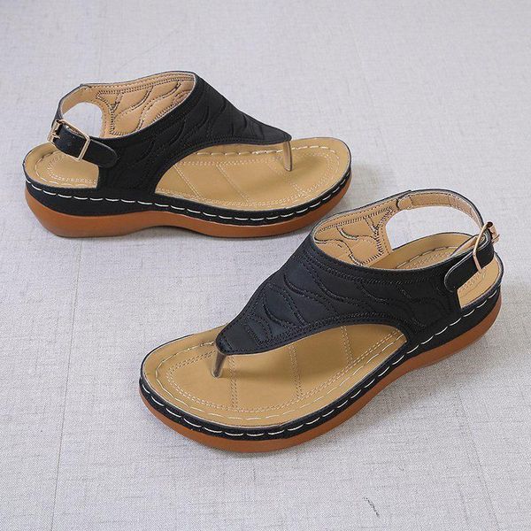 

women's wedges sandals stylish retro sandal solid color ladies open toe non-slip flip flops large size sale-wt zbsn, Black