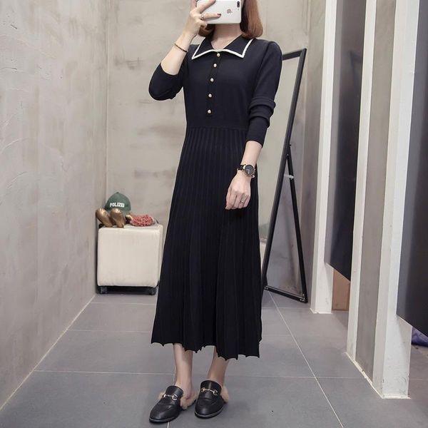 

casual dresses lapel knit long-sleeved sweater slim waist draped dress 2021 autumn single-breasted female fashion, Black;gray