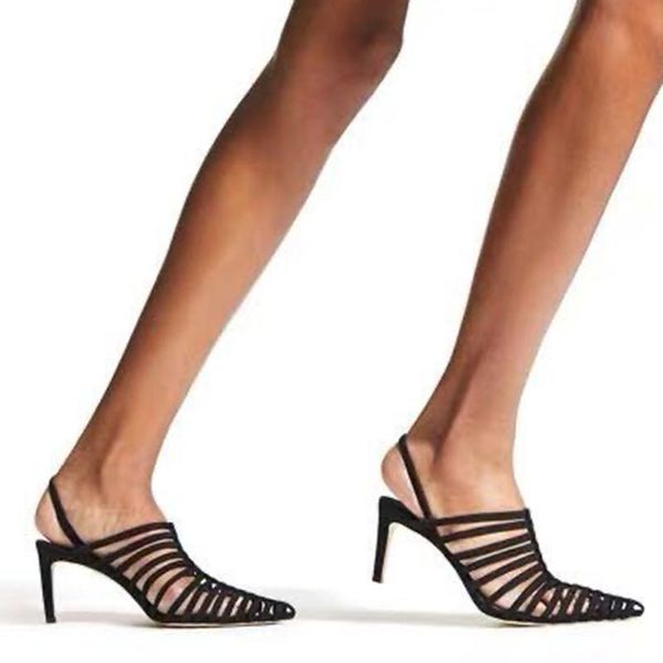 

dress shoes luxury design narrow band women sandals pointed toe back strap high heels runway show hollow out woman slingbacks 2021, Black