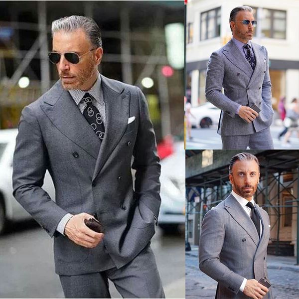 

two-pieces business casual grey tuxedos double breasted custom made slim suit fit groom party coat tailored work wear, Black;gray