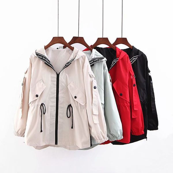 

long fashion trench coat c316-18008 large medium length coat hooded letter drawstring loose windbreaker, Tan;black